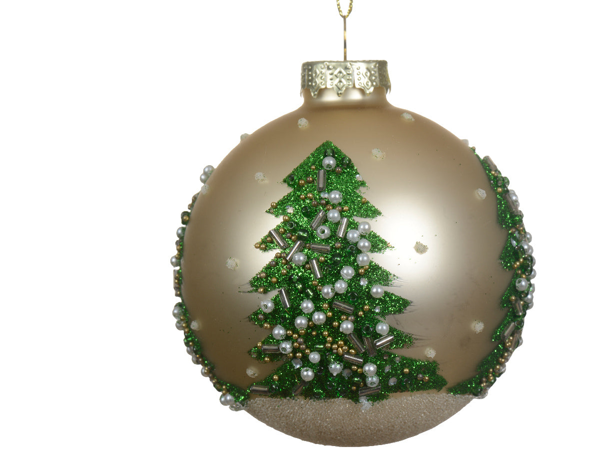 Pallina natale di vetro, argento, 8cm con albero in perline Kaemingk Pallina natale di vetro, argento, 8cm con albero in perline Kaemingk